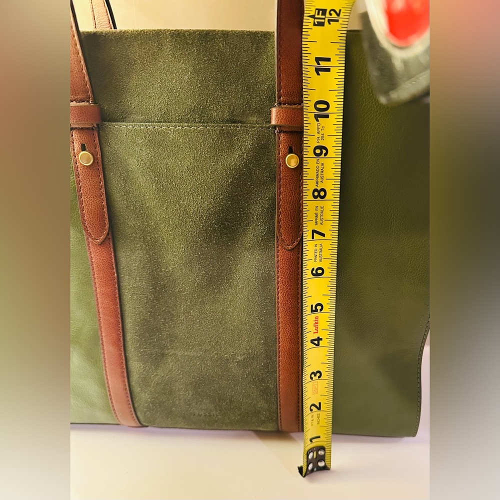 Fossil Leather Suede Green Tote Handbag Green Brown Handles Work Travel Safari - Picture 6 of 16
